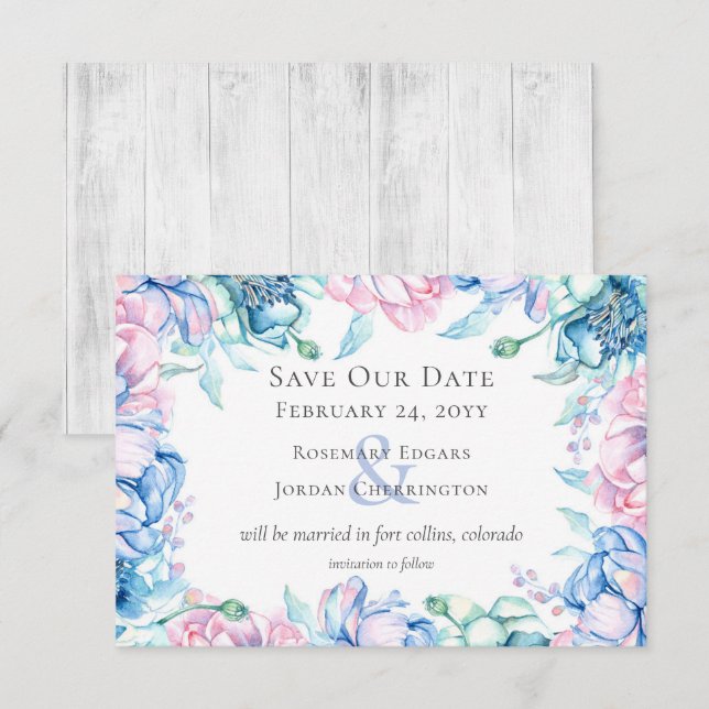 Save the Date Aquarellblume & rustikale Holzkarte Einladung (Vorne/Hinten)