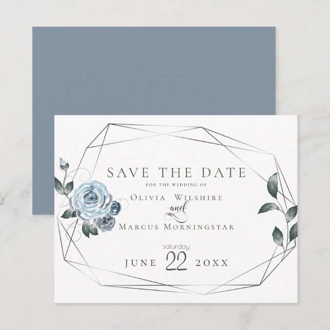 Save The Date | Aquarellfarben, blau, floralblau (Vorne/Hinten)