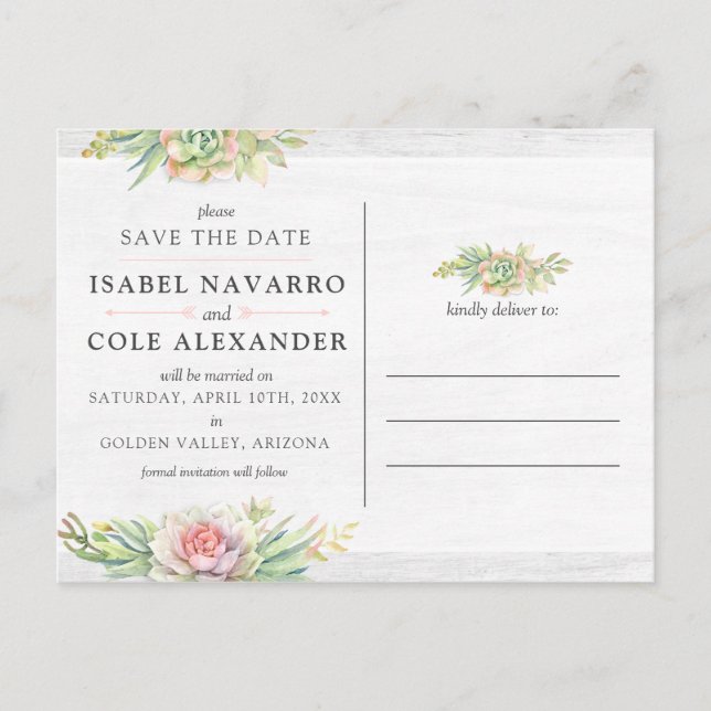 Save the Date Aquarellfarben-Sukkulatur Postkarte (Vorderseite)