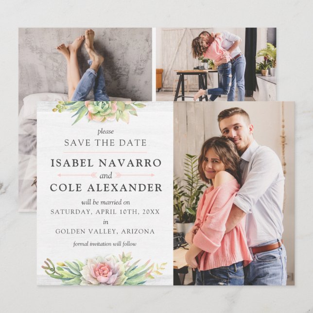 Save the Date Aquarellfarben Sukkulente 4-Foto-Kar Einladung (Vorne/Hinten)