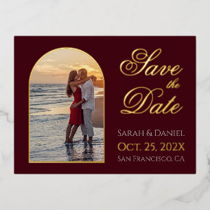 Save the Date Arch Foto Calligraphy Burgundy Gold Folie Einladungspostkarte
