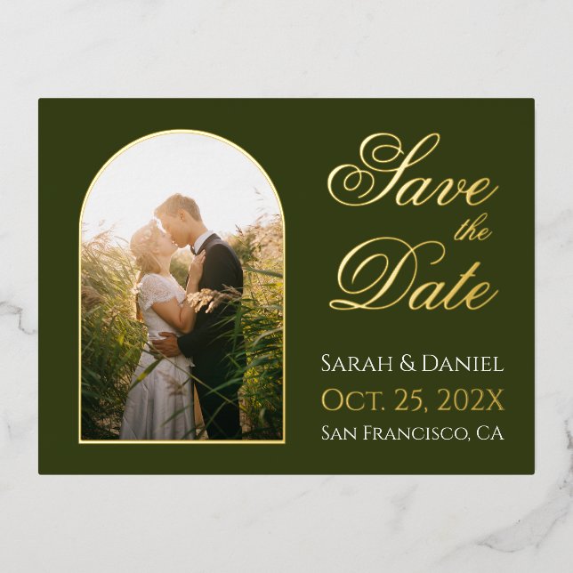 Save the Date Arch Foto Elegantes Script Green Gol Folie Einladungspostkarte (Vorderseite)