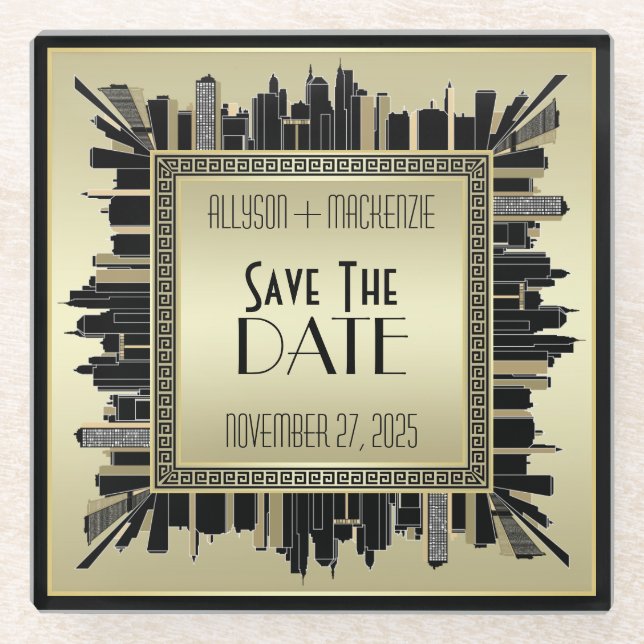 Save the Date Art Deco Champagne Gold Gatsby Glam Glasuntersetzer (Vorderseite)