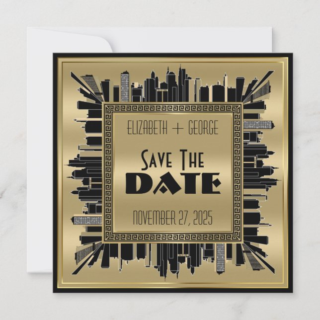 Save the Date Art Deco Gatsby Glamour Gold Black Einladung (Vorderseite)