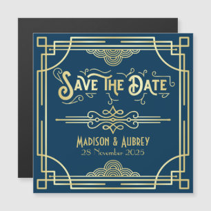 Save the Date Art Deco Gatsby Glamour Gold Blue Magneteinladung
