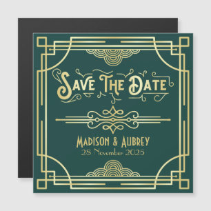 Save the Date Art Deco Gatsby Glamour Gold Green Magneteinladung
