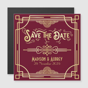 Save the Date Art Deco Gatsby Gold Burgundy Magneteinladung