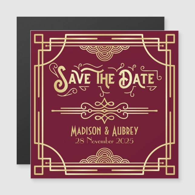 Save the Date Art Deco Gatsby Gold Burgundy Magneteinladung (Vorne/Hinten)