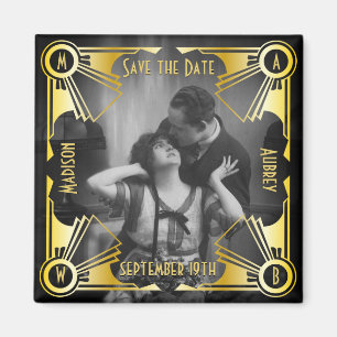 Save the Date Art Deco Wedding Gold & Black Foto Magnet