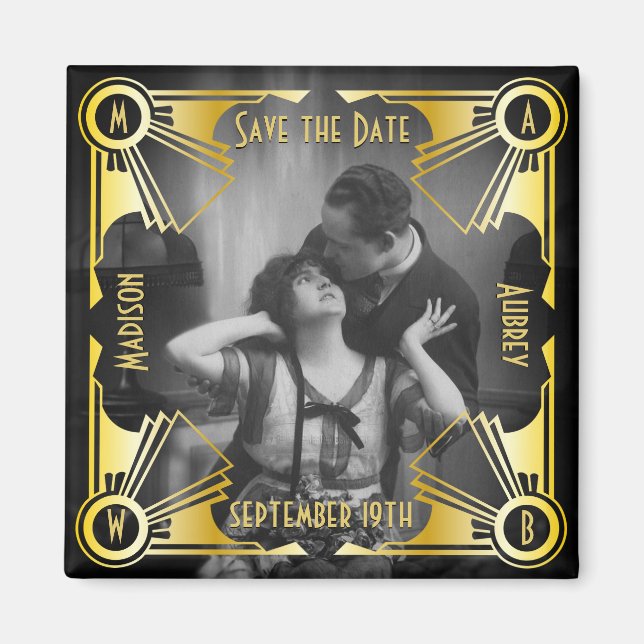 Save the Date Art Deco Wedding Gold & Black Foto Magnet (Vorne)