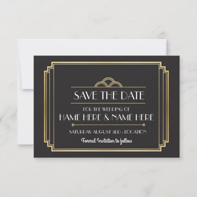 Save the Date Art Deco Wedding Party Gold Einladun (Vorderseite)
