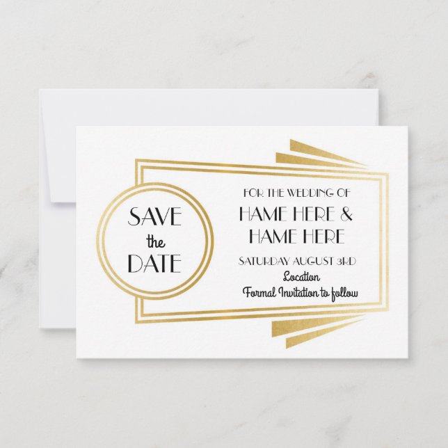 Save the Date Art Deco Wedding Party Gold Einladun (Vorderseite)