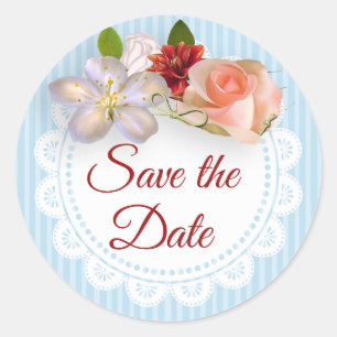 Save the Date Aufkleber Blau und Korallenblume