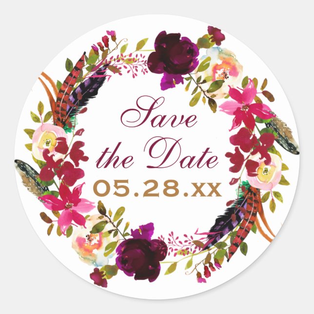 Save the Date Aufkleber - Burgund Floral, Federn (Vorderseite)