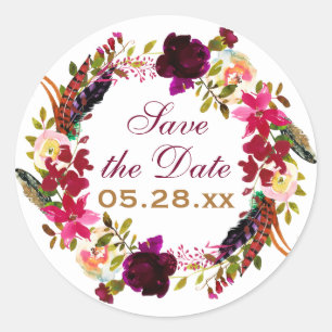 Save the Date Aufkleber - Burgund Floral, Federn