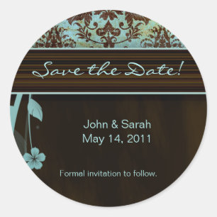 Save the Date Aufkleber Damask Blume blau braun