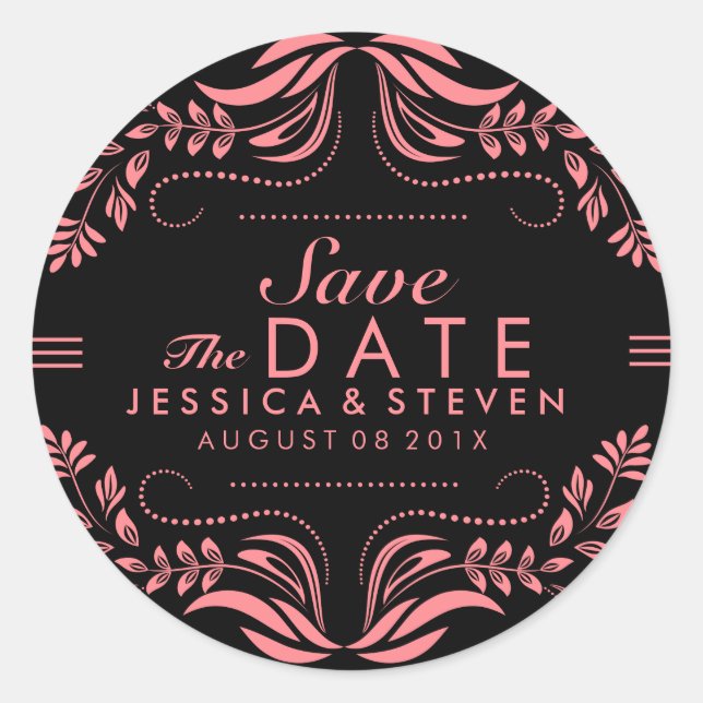 Save the Date Aufkleber mit schwarz-rosa Spitzen (Vorderseite)
