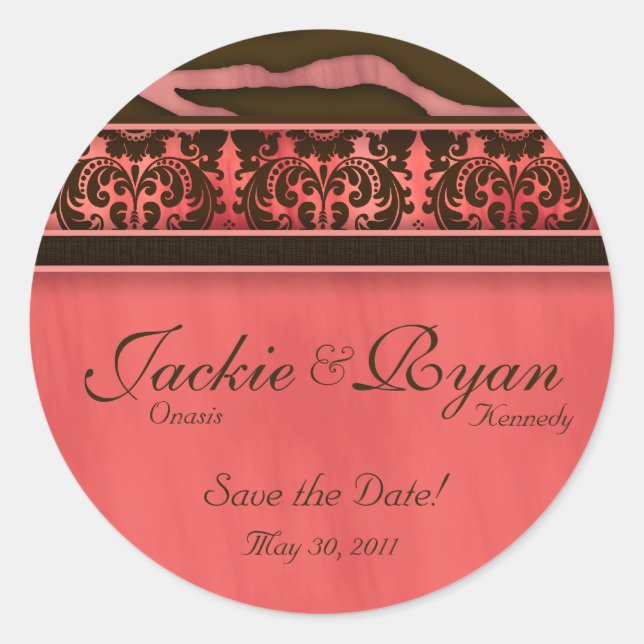 Save the Date Aufkleber Zebra Damask Coral (Vorderseite)