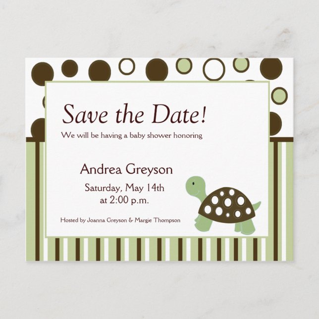 SAVE THE DATE Baby Dusche Mod Dot Turtle Postkarte (Vorderseite)