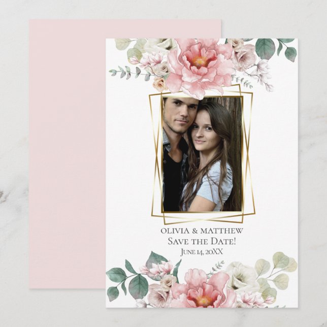 Save The Date | Baby Pink Peony Blume Einladung (Vorne/Hinten)