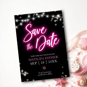Save the Date Bat Mitzvah Hot Pink Neon Themed Einladung