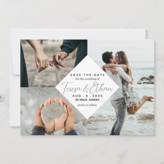 Save the Date Beach Inspiriert Foto Collage Weddin Einladung (Vorderseite)