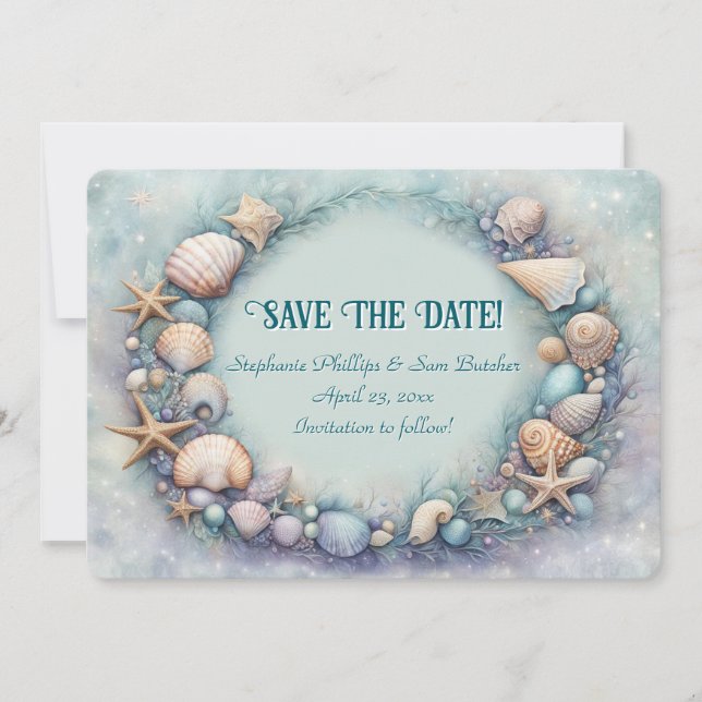 Save the Date Beach Seashells Coastal Themed Einladung (Vorderseite)