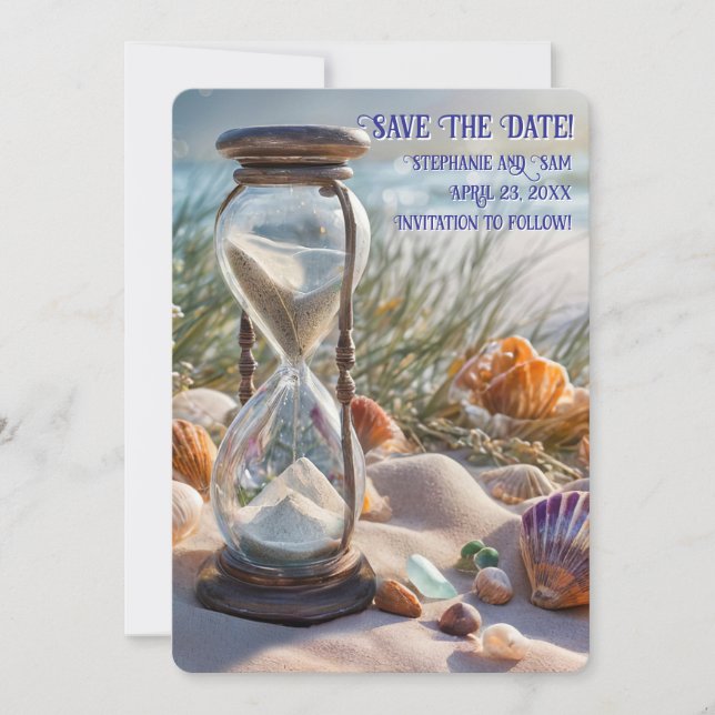 Save the Date Beach Seashells Hourglass Einladung (Vorderseite)