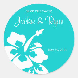 Save the Date Beach Wedding Stickers Hibiskus Blue