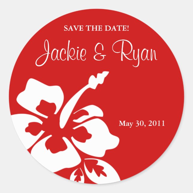 Save the Date Beach Wedding Stickers Hibiskus Red (Vorderseite)