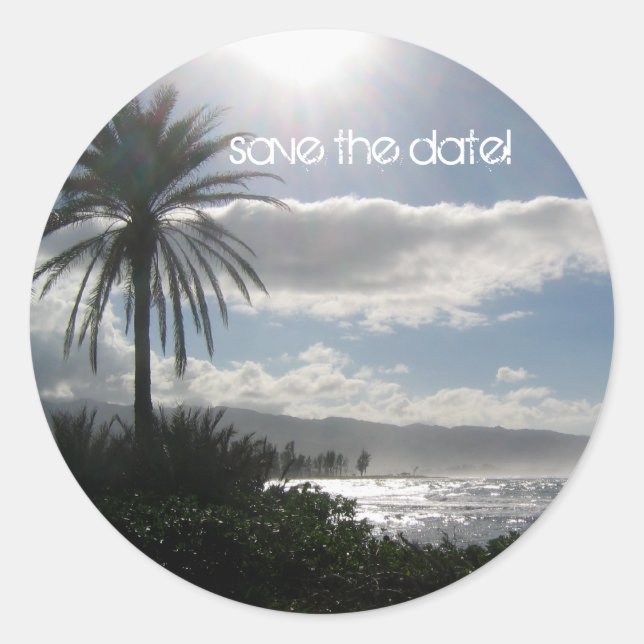 Save the Date Beach Wedding Stickers Palm Tree (Vorderseite)