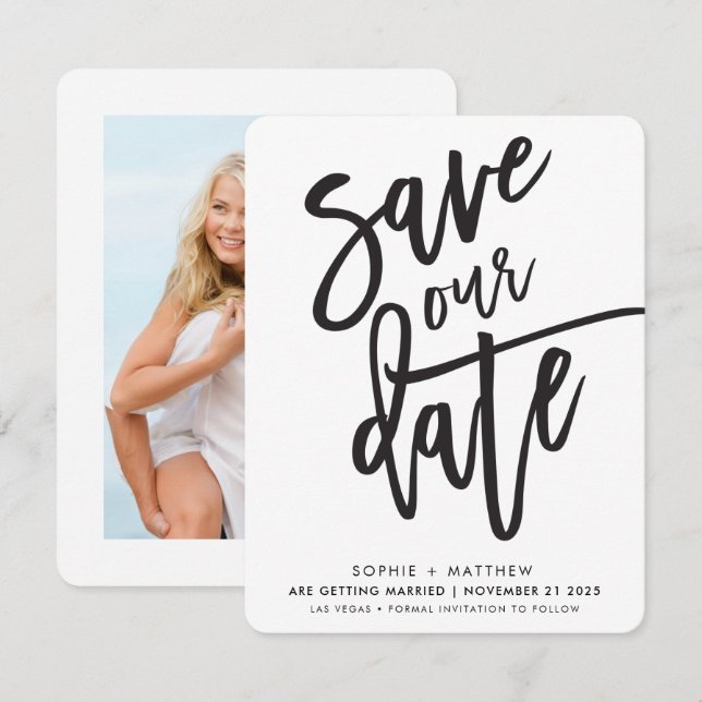 SAVE THE DATE bearbeitetes Skript Schwarz-weiß Einladung (Vorne/Hinten)