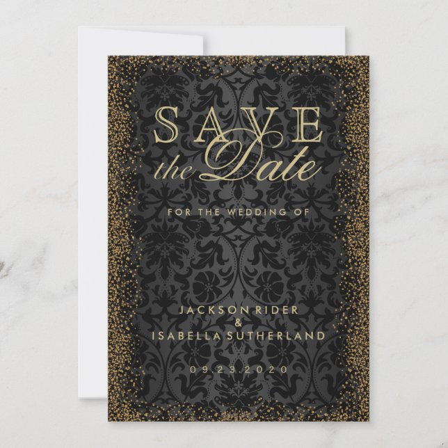 Save the Date Black Damask und Gold Confetti Glitt (Vorderseite)