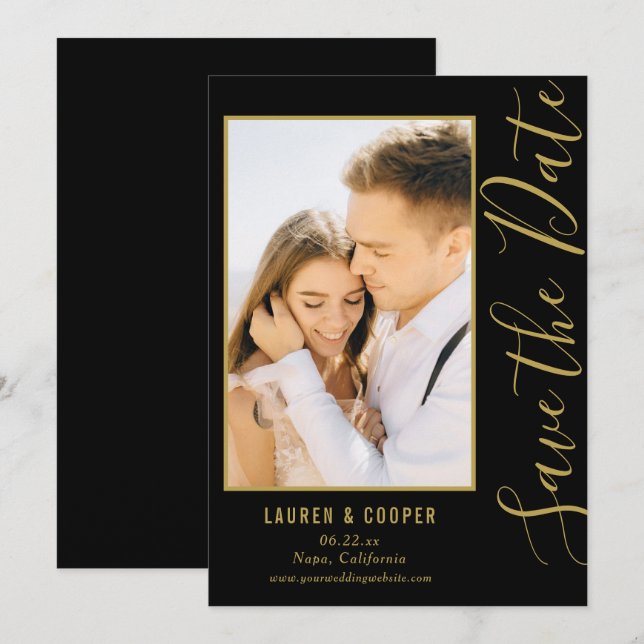 Save the Date Black Gold Stilvolle Moderne Hochzei (Vorne/Hinten)