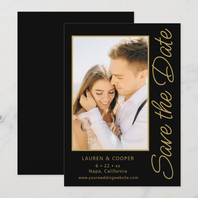 Save the Date Black Gold Stilvolle Moderne Hochzei (Vorne/Hinten)