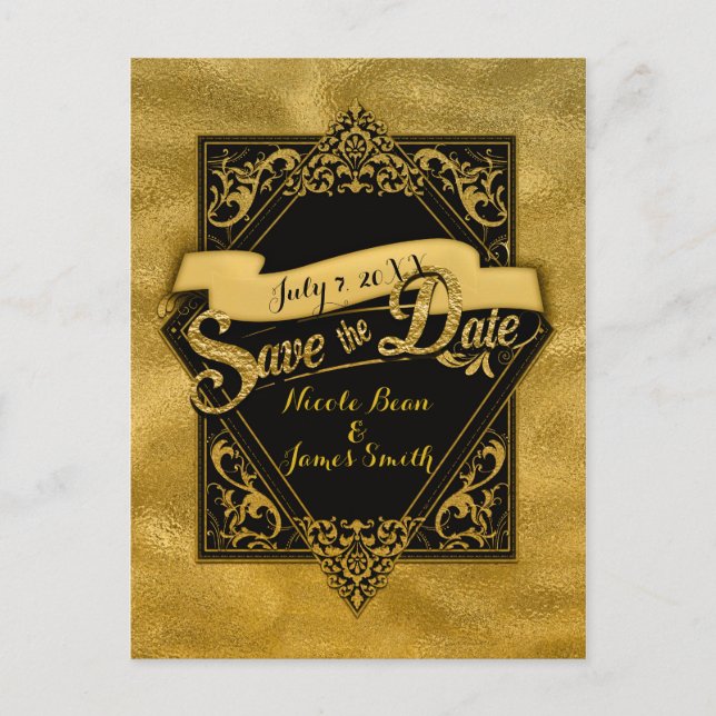 Save the Date Black & Imitats Gold Elegante Verlob Postkarte (Vorderseite)