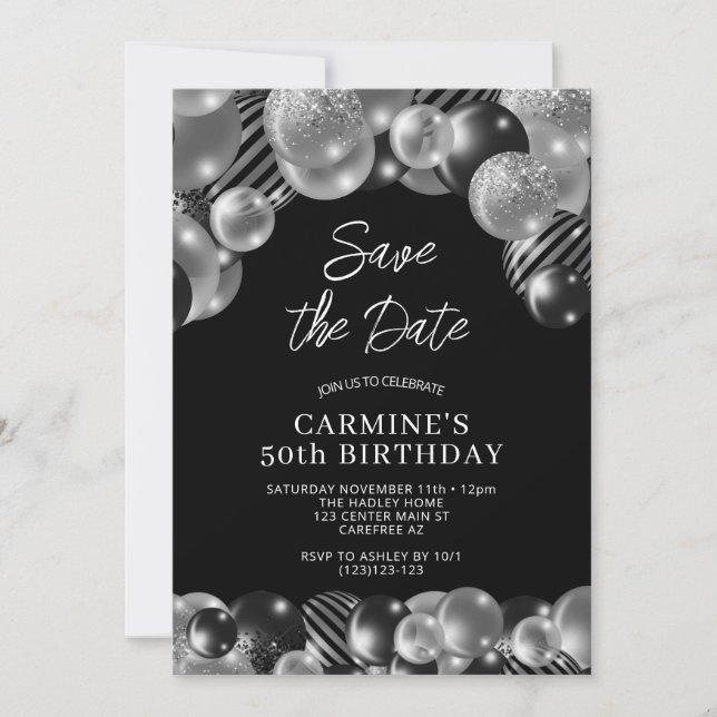 Save the Date Black Silver 50. Geburtstag Einladung (Vorderseite)
