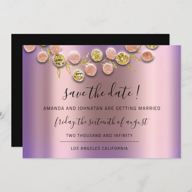 Save the Date Black Wreath Rose Gold Lila (Vorne/Hinten)