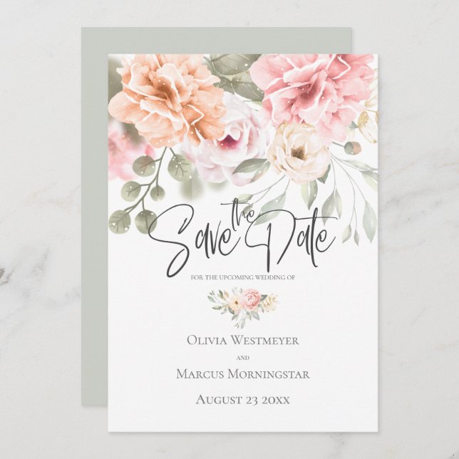 Save the Date Blassrosa Hütte Peonys Einladung (Vorne/Hinten)