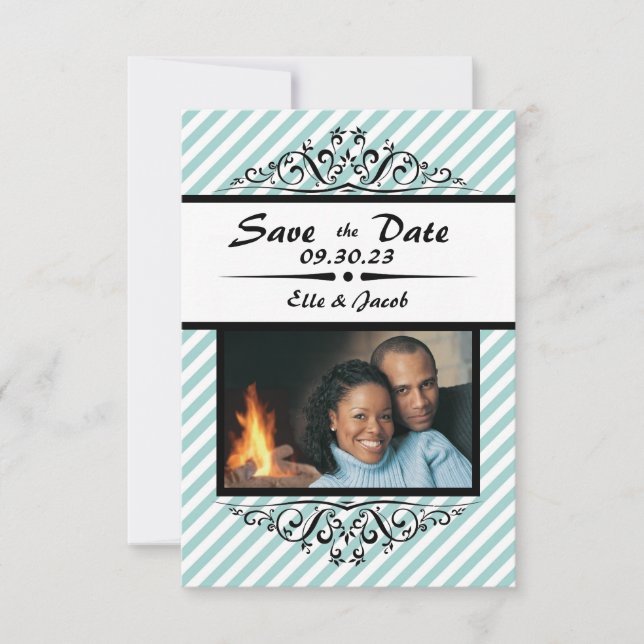 Save the Date blau gestreift - 3x5 Flachbild-Fotok (Vorderseite)