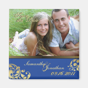 Save the Date Blau u. Goldschimmer-Blumenmagnet Magnet