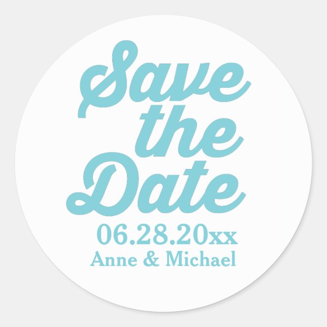 "Save the Date" blaue Hochzeiten Runder Aufkleber (Vorderseite)
