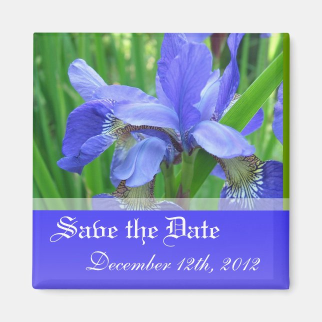Save the Date, blaue Irisblüten-Blume. Magnet (Vorne)