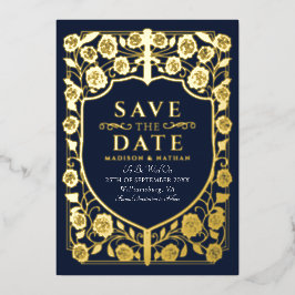 Save the Date blauer Schwertschild Folieneinladung