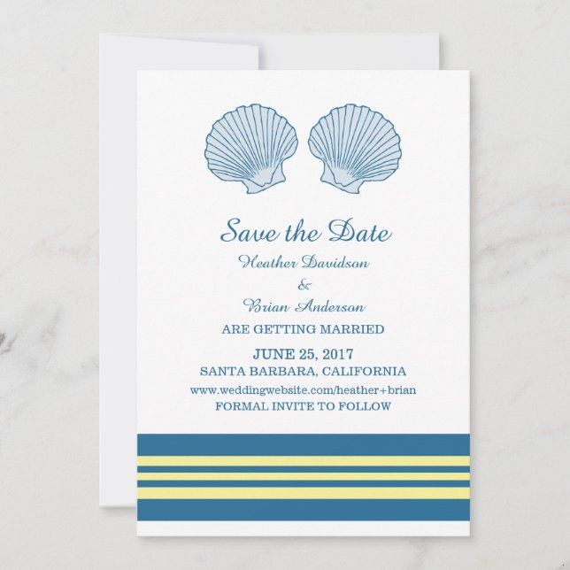 Save the Date blaugelbe Muscheln Einladung (Vorderseite)