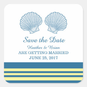 Save the Date blaugelbe Muscheln Quadratischer Aufkleber