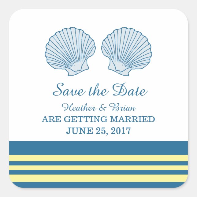 Save the Date blaugelbe Muscheln Quadratischer Aufkleber (Vorderseite)