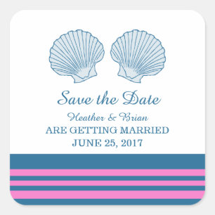 Save the Date blaurosa Muscheln Quadratischer Aufkleber