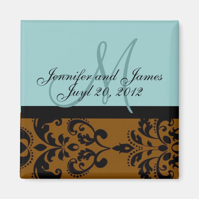 Save the Date Blue Brown Damask Wedding Magnet (Vorne)