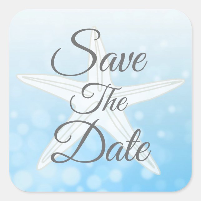 Save the Date Blue Bubble Starfish Hochzeitsticker Quadratischer Aufkleber (Vorderseite)